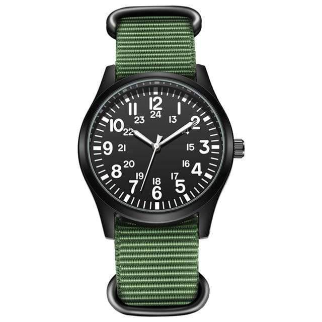 Sporty unisex quartz watch with a green nylon strap, built for outdoor activities and durability.