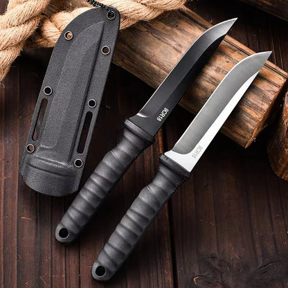 Unisex outdoor survival knife with a black tactical blade and sturdy neck sheath, ideal for camping and hiking.