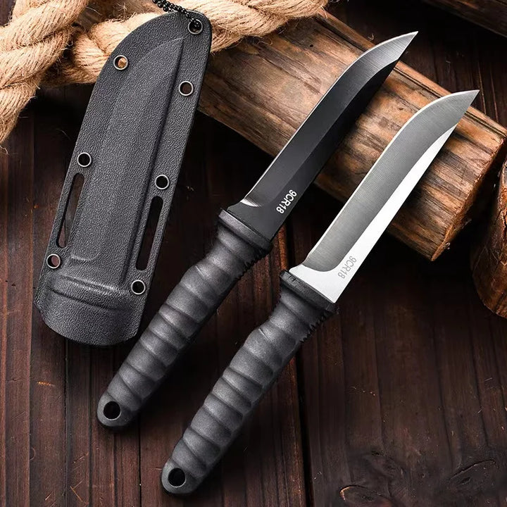 Unisex outdoor survival knife with a black tactical blade and sturdy neck sheath, ideal for camping and hiking.