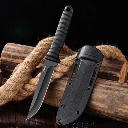 Portable high hardness steel survival blade for outdoor enthusiasts, featuring a durable self-defense design.
