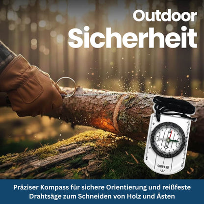 Unisex Outdoor Survival Master Kit with a compass and whistle, vital emergency gear for hiking and camping.