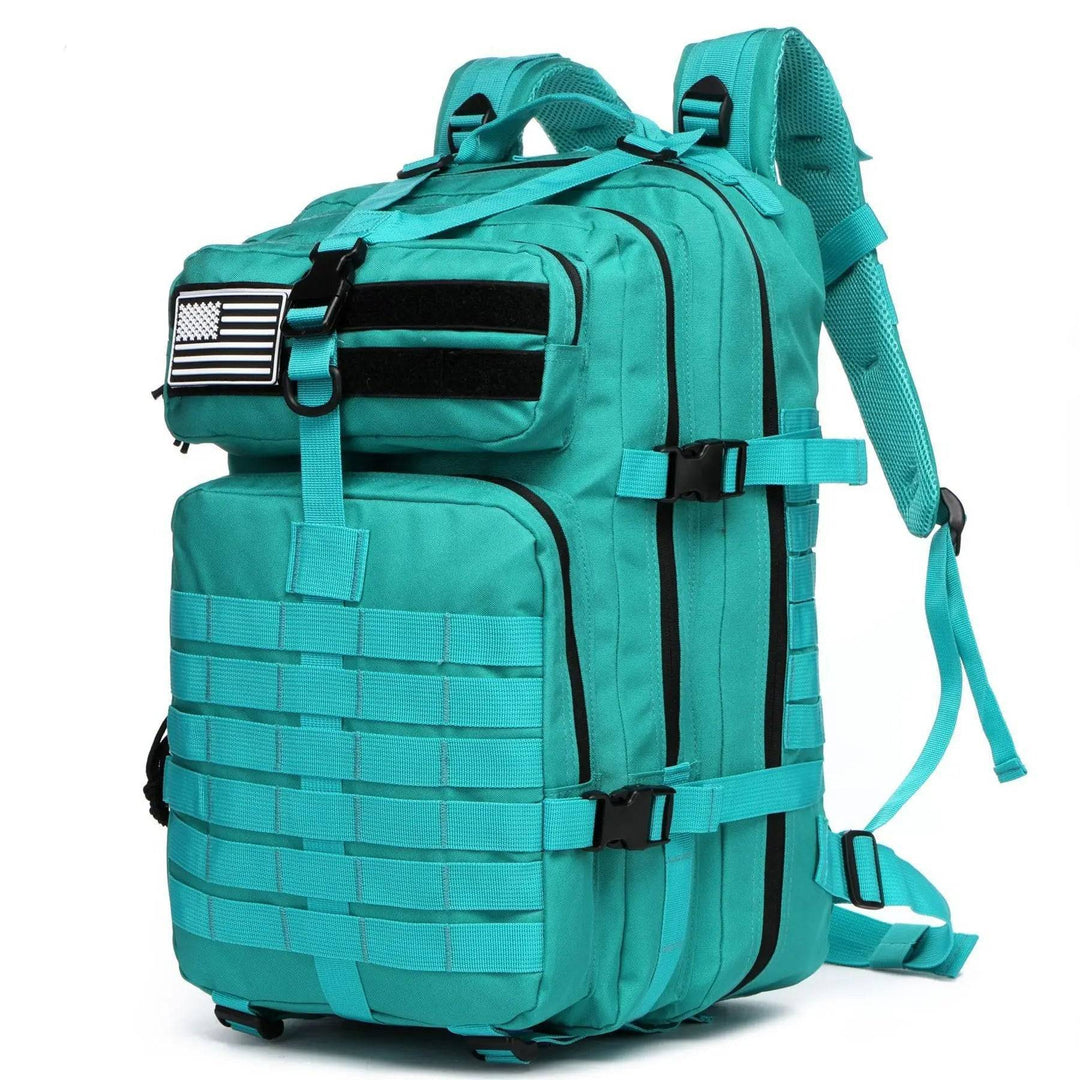 Unisex outdoor tactical trekking backpack, side view, durable nylon for hiking and camping