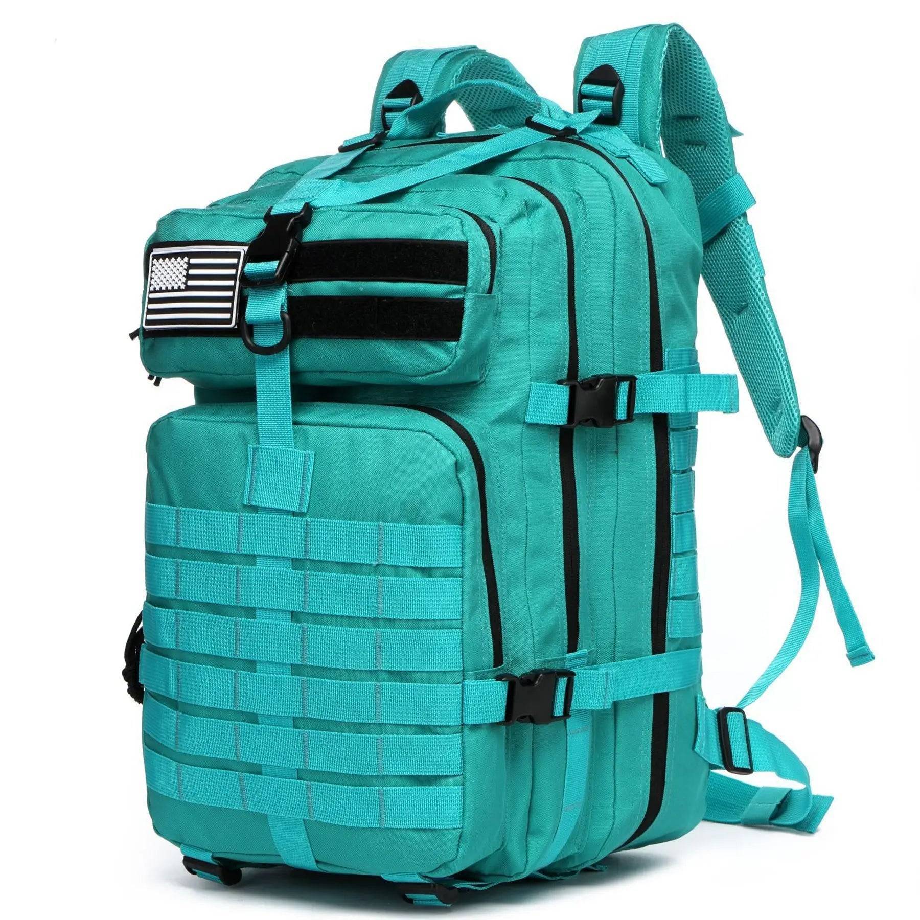 Unisex outdoor tactical trekking backpack, side view, durable nylon for hiking and camping