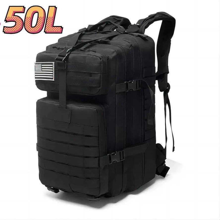 Nylon camping rucksack, close-up of quick-release buckles and adjustable straps