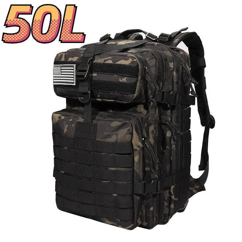 Durable hiking backpack, showing bottom loops for sleeping bag attachment
