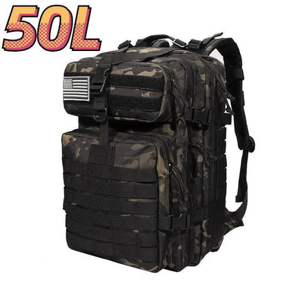 Durable hiking backpack, showing bottom loops for sleeping bag attachment