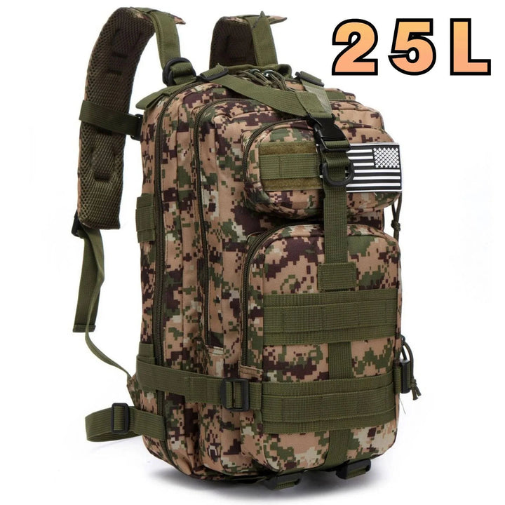 Hiking gear backpack, side view, showing deep pockets and robust stitching