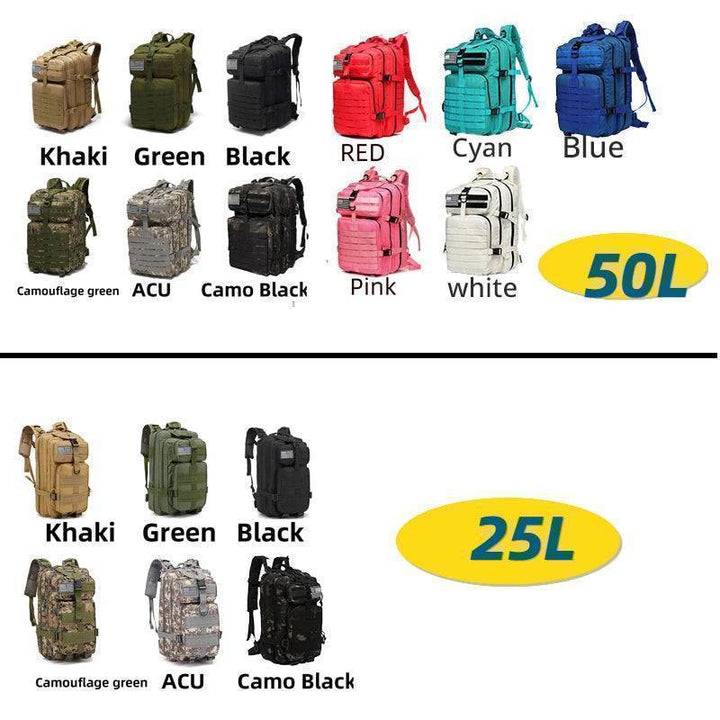 Large capacity hiking rucksack, front view, multiple compartments for outdoor gear