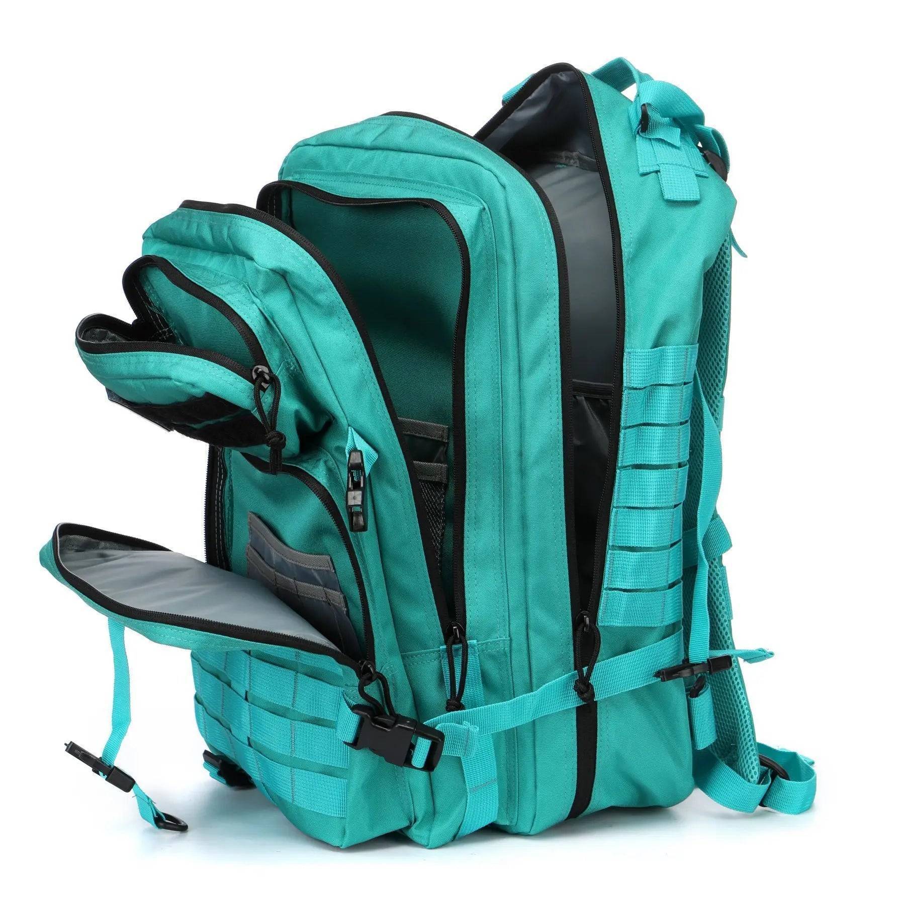 Tactical backpack, back view, padded straps and lumbar support for comfortable wear