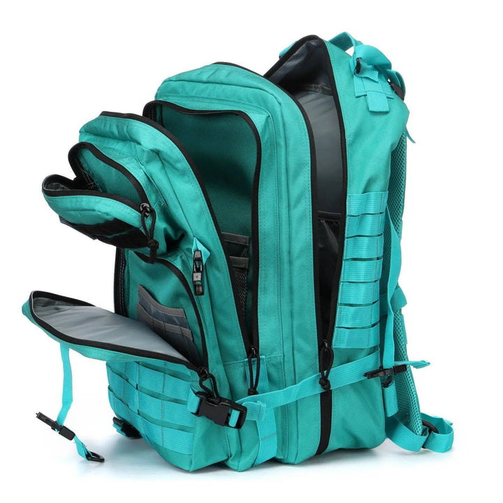 Tactical backpack, back view, padded straps and lumbar support for comfortable wear