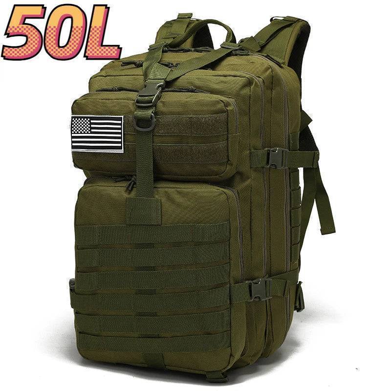Hiking and camping bag, top view, showing drawstring closure and protective flap