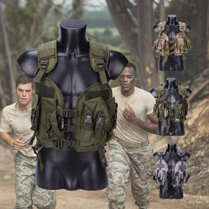 Unisex outdoor tactical vest with multiple large pockets for hunting and airsoft, durable camo design.