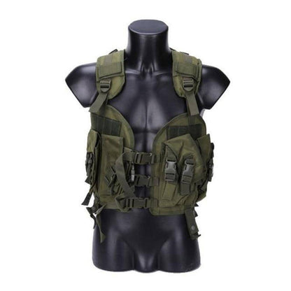 Camo tactical hunting vest in a rugged outdoor setting, emphasizing its utility for challenging environments.