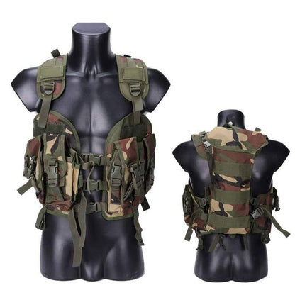 Back view of military-style tactical hunting vest showing durable construction and molle webbing.