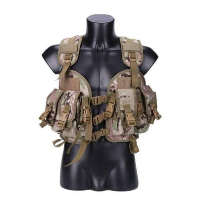 Tactical vest laid flat, displaying all multiple pockets and durable fabric for hunting and outdoor gear.