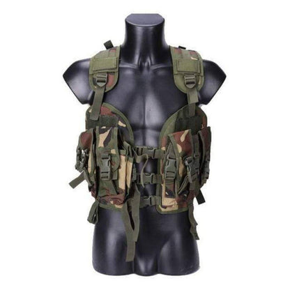 Close-up of the zipper and buckle closures on a rugged tactical hunting vest, built for durability.