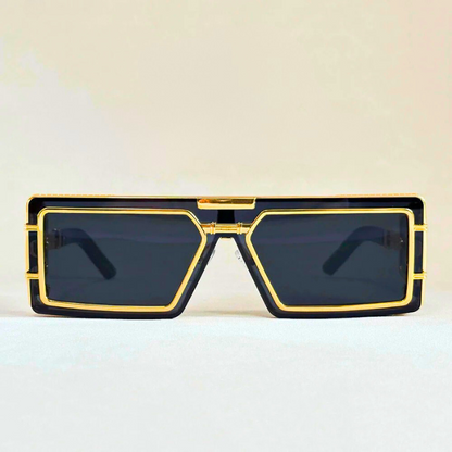 Stylish geometric unisex sunglasses. Oversized fashion shades featuring gold details and full UV protection.