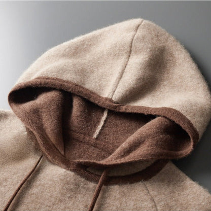 Back view: Soft knit oversized hoodie, showcasing cozy texture and relaxed fit for comfort. Unisex, casual.