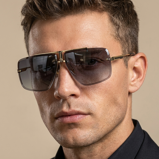 Unisex oversized rimless sunglasses. Bold, modern fashion eyewear for stylish sun protection.