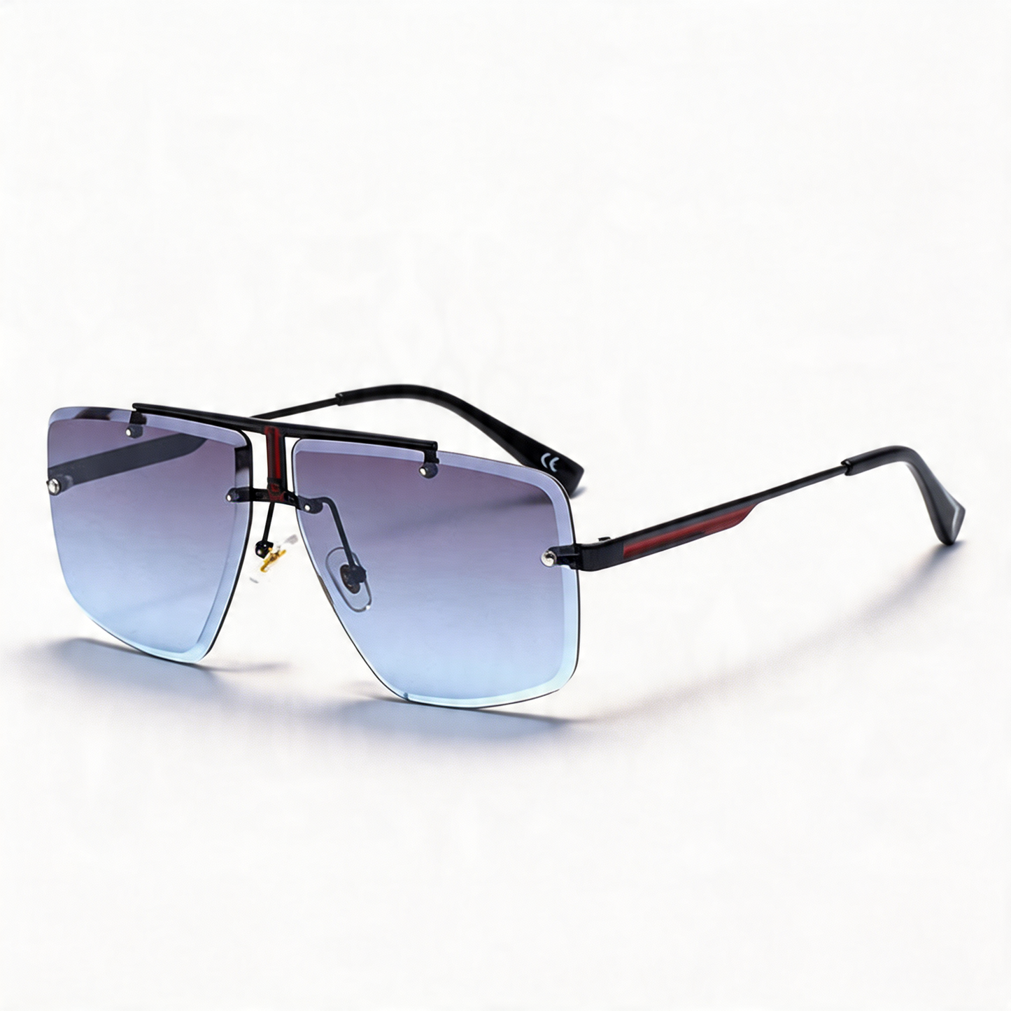 Stylish unisex oversized rimless sunglasses. Bold fashion eyewear design for optimal sun protection.
