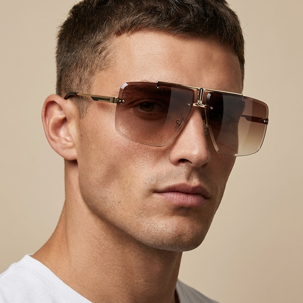 Stylish geometric oversized rimless sunglasses. Fashionable unisex eyewear for sun protection.