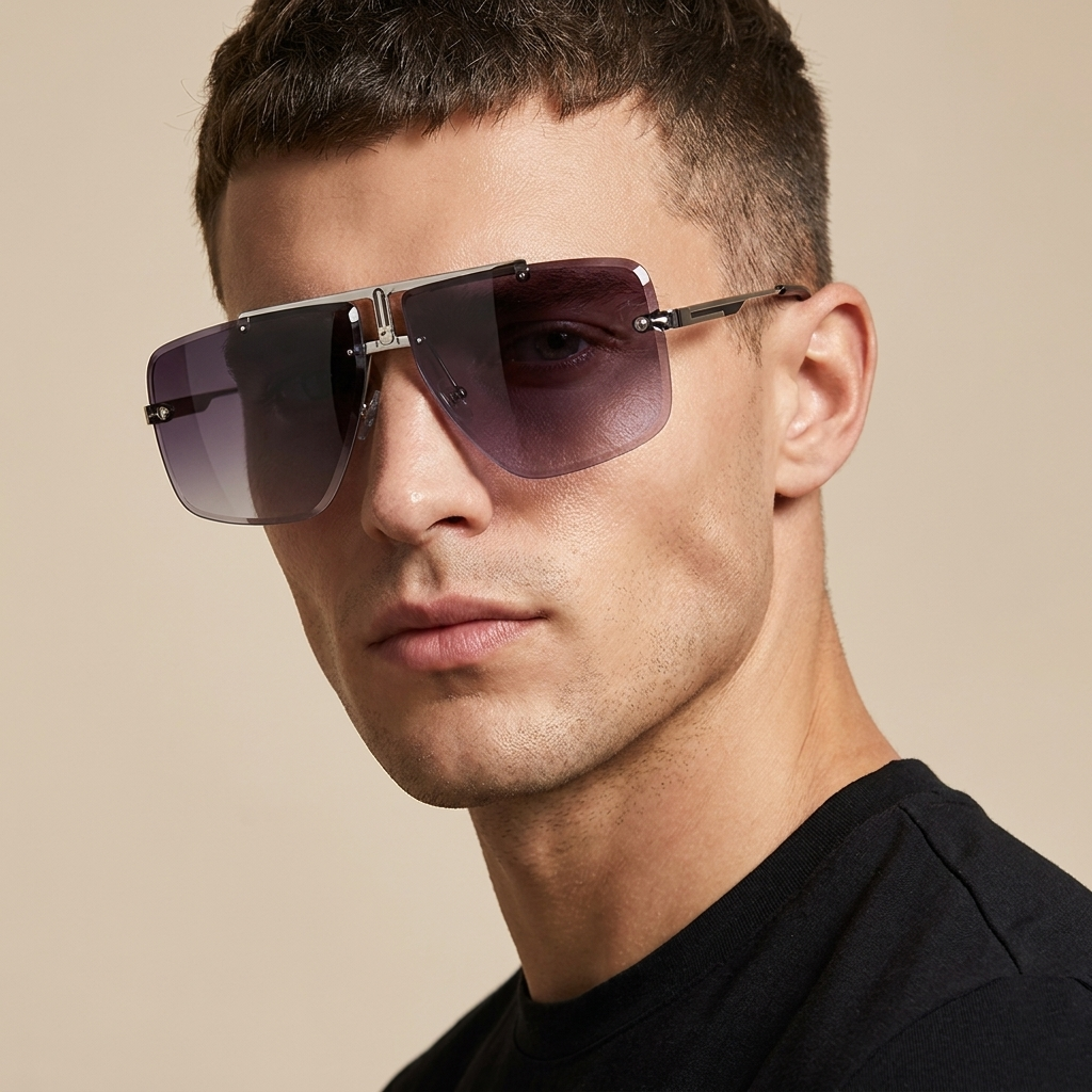 Model wearing bold unisex oversized rimless sunglasses. Trendy fashion accessory for sun protection.