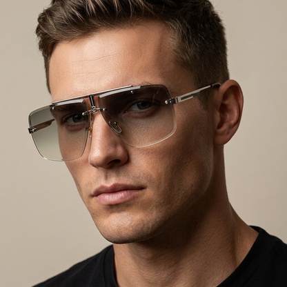 Side profile of unisex oversized rimless sunglasses. Sleek eyewear design for stylish sun protection.