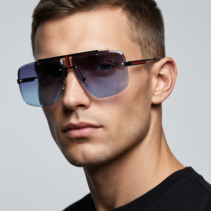 Bold oversized rimless sunglasses, a fashion-forward unisex accessory. Modern eyewear for sun protection.