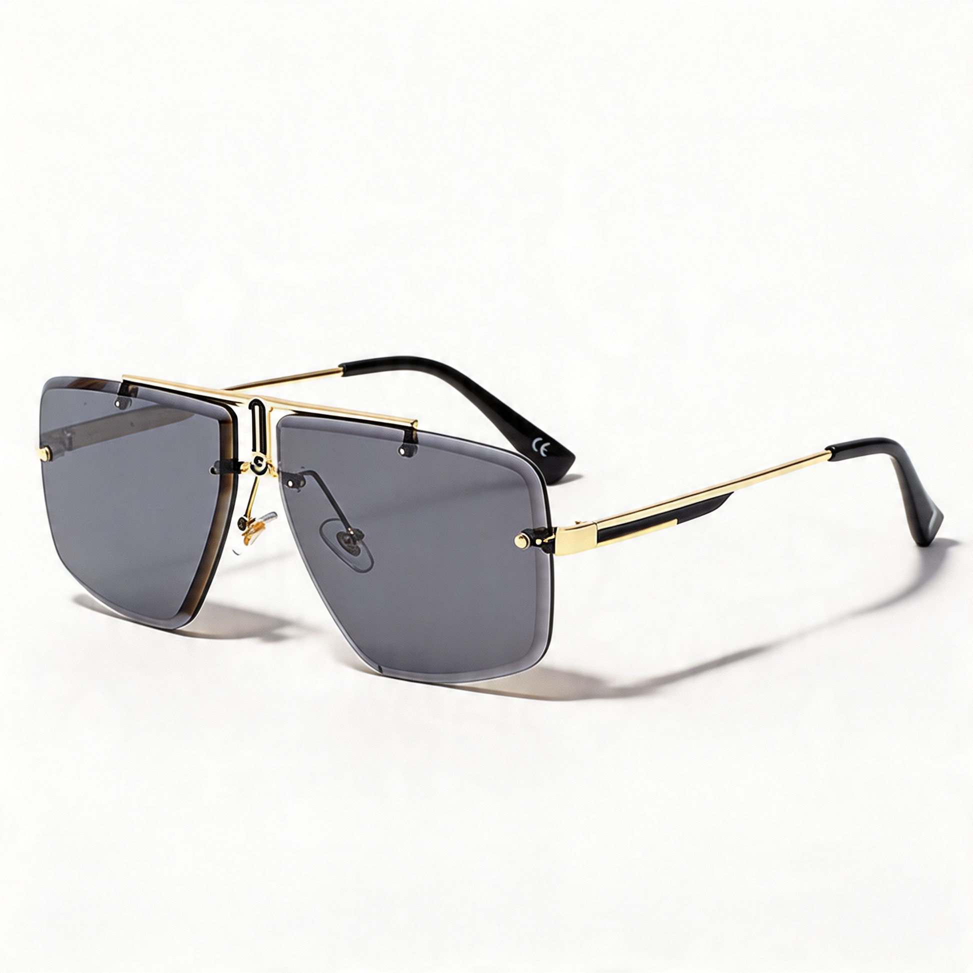 Close-up of sleek oversized rimless sunglasses. Unisex design eyewear for stylish sun protection.