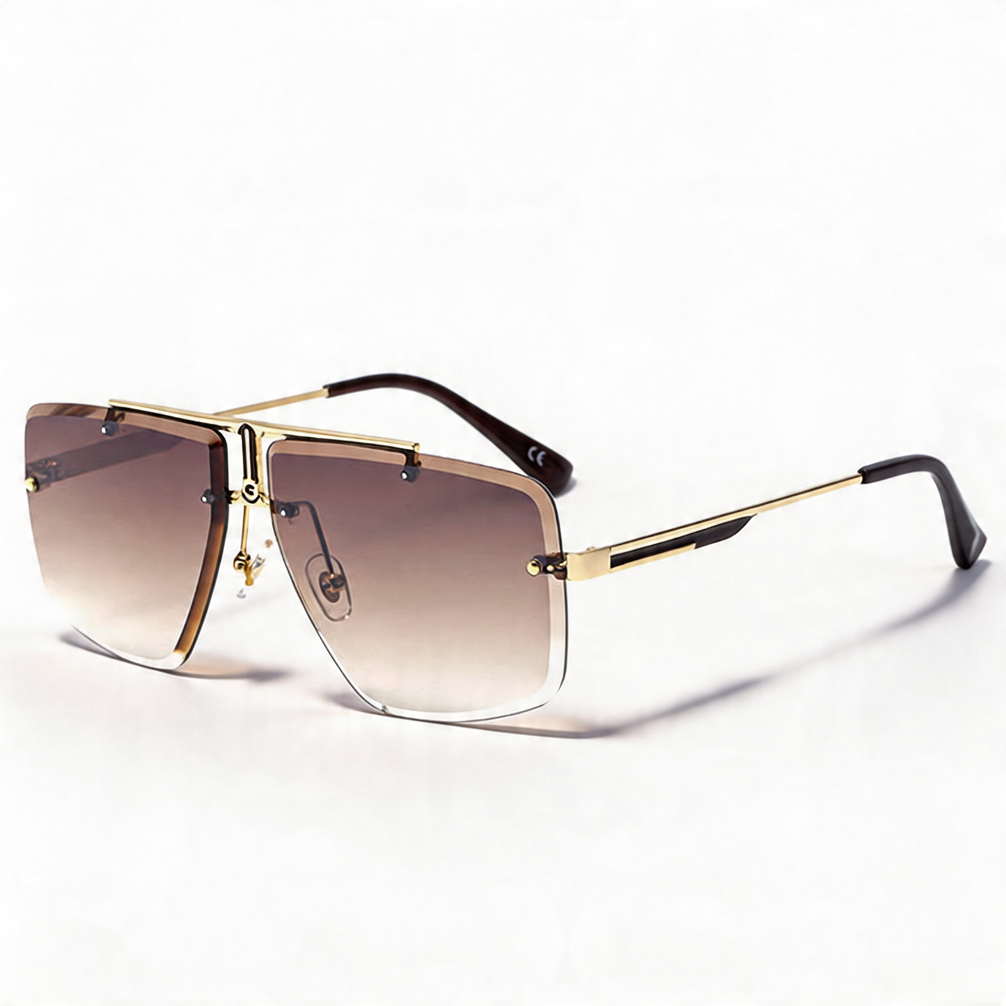 Unisex wearing stylish oversized rimless sunglasses. Fashion eyewear for sun protection outdoors.