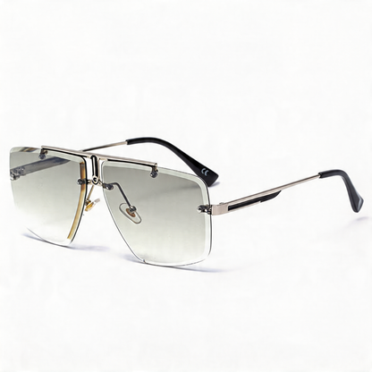 Geometric oversized rimless sunglasses. Fashionable unisex accessory providing stylish sun protection.