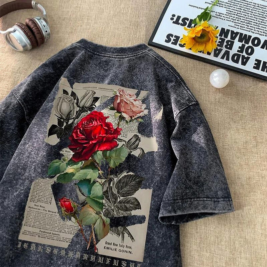 Unisex oversized rose washed graphic t-shirt, relaxed fit for casual wear.