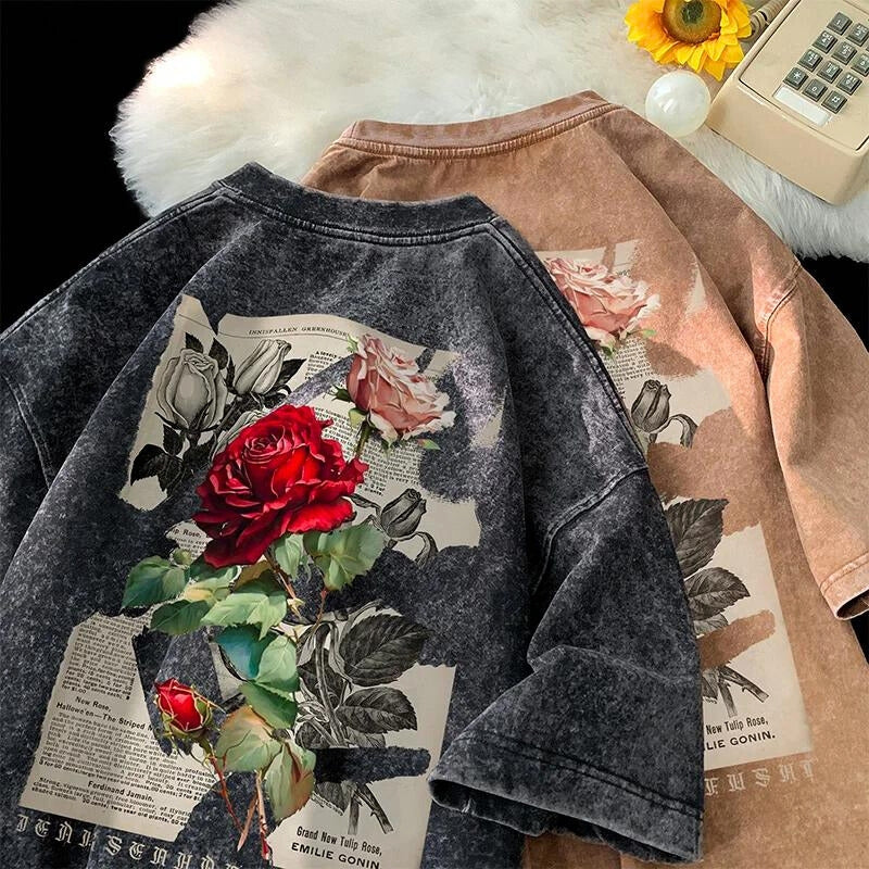 Casual relaxed fit unisex t-shirt, oversized rose washed design with unique graphic.