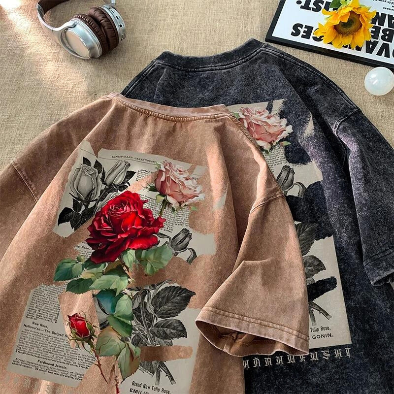 Oversized unisex rose washed vintage graphic tee, perfect for a relaxed streetwear look.