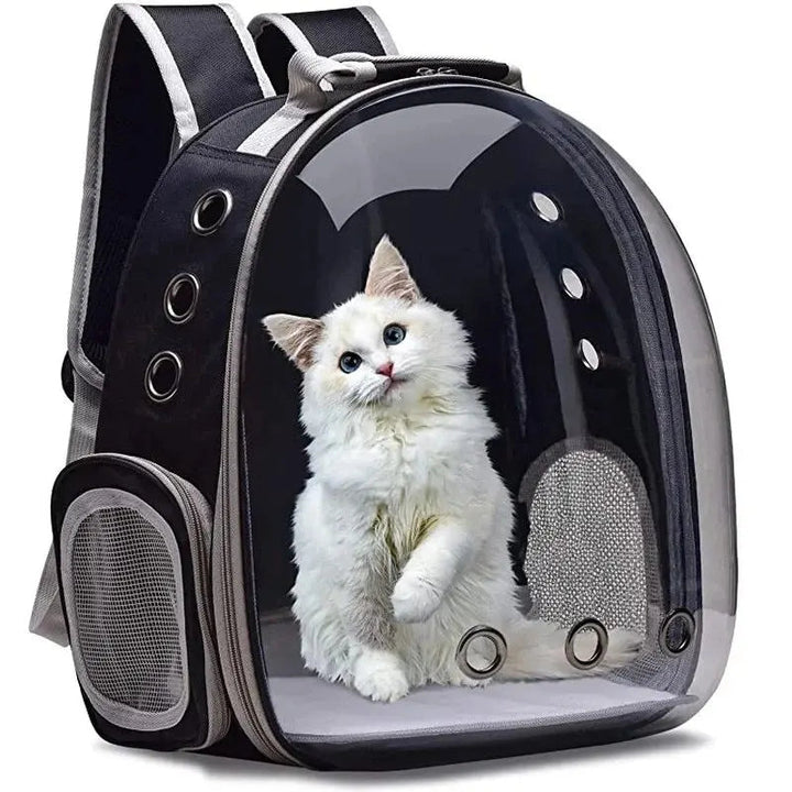 Unisex panoramic pet carrier backpack for stress-free travel. Transparent window, ventilated for cats & small dogs.