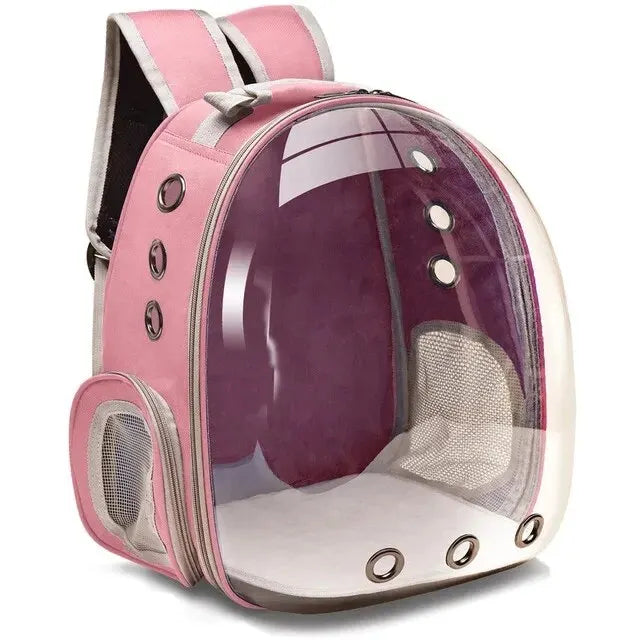 Outdoor pet carrier backpack, gray. Features transparent panoramic bubble & ventilation. For happy cat & dog travel.