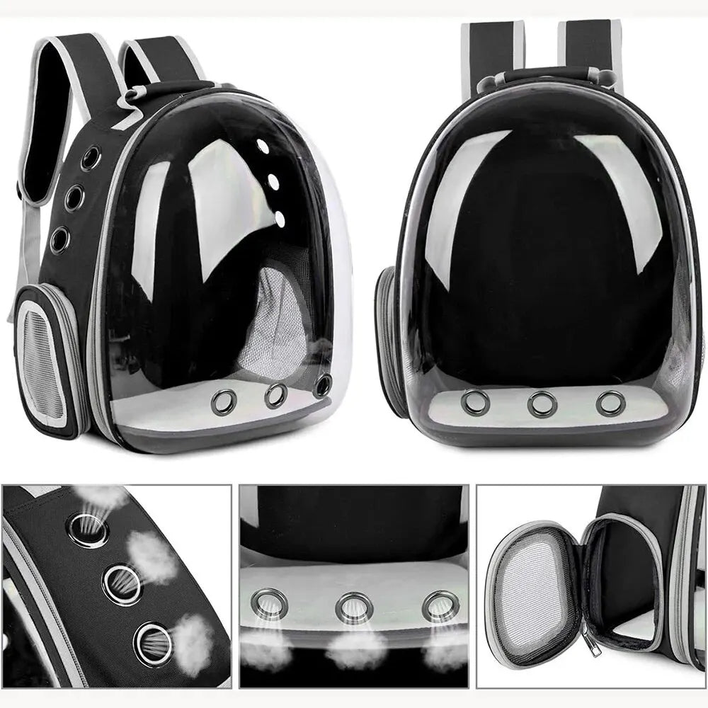 Small pet travel backpack for cats & dogs. Panoramic transparent design offers comfort & visibility. Portable & secure.