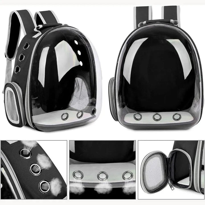 Small pet travel backpack for cats & dogs. Panoramic transparent design offers comfort & visibility. Portable & secure.
