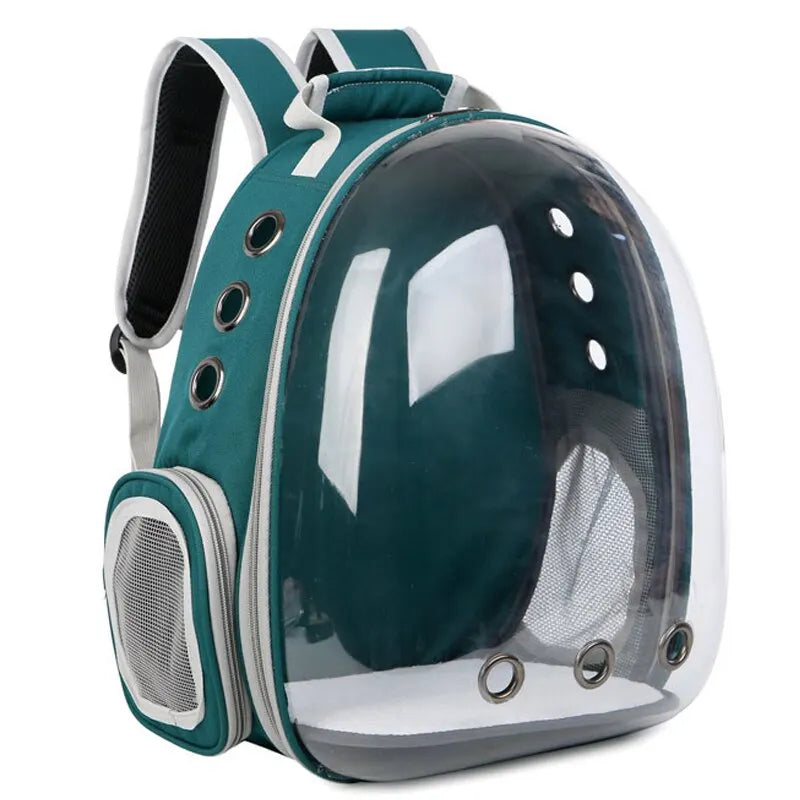 Gray cat carrier backpack, transparent panoramic window. Ventilated for comfortable outdoor travel & pet adventures.
