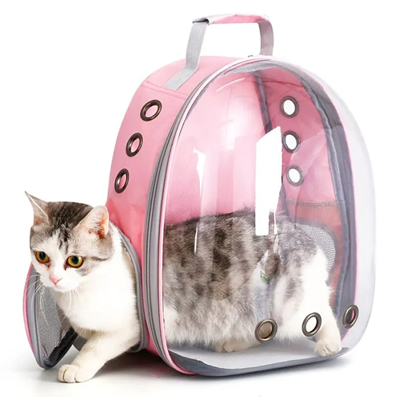 Black pet travel bag backpack with panoramic transparent dome. Ventilated & portable for outdoor cat and dog adventures.