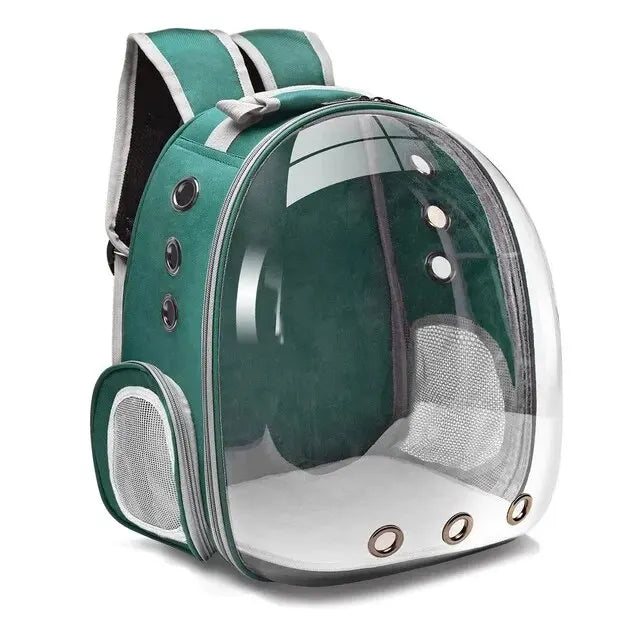 Pink small pet backpack carrier. Transparent, ventilated design for cats & dogs. Perfect for stress-free outdoor travel.