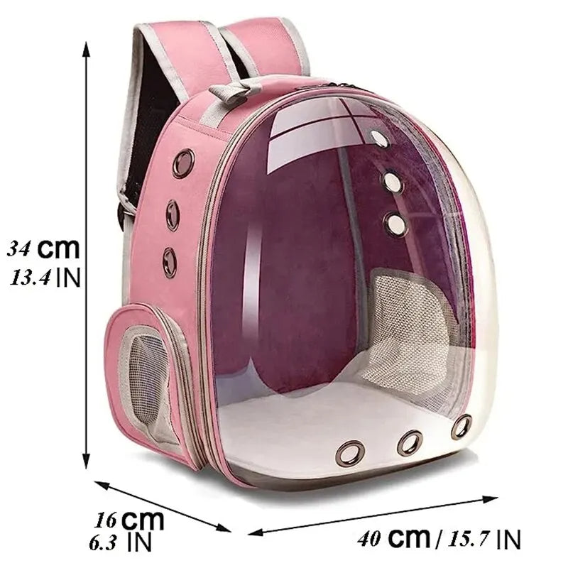 Transparent pet carrier backpack for cats & small dogs. Stress-free panoramic view & ample ventilation for travel.