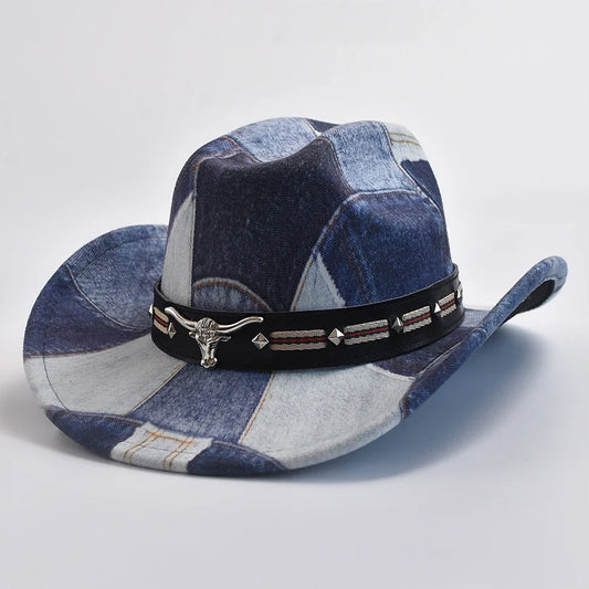 Unisex patchwork cowboy hat with rugged western style and prominent bull emblem.