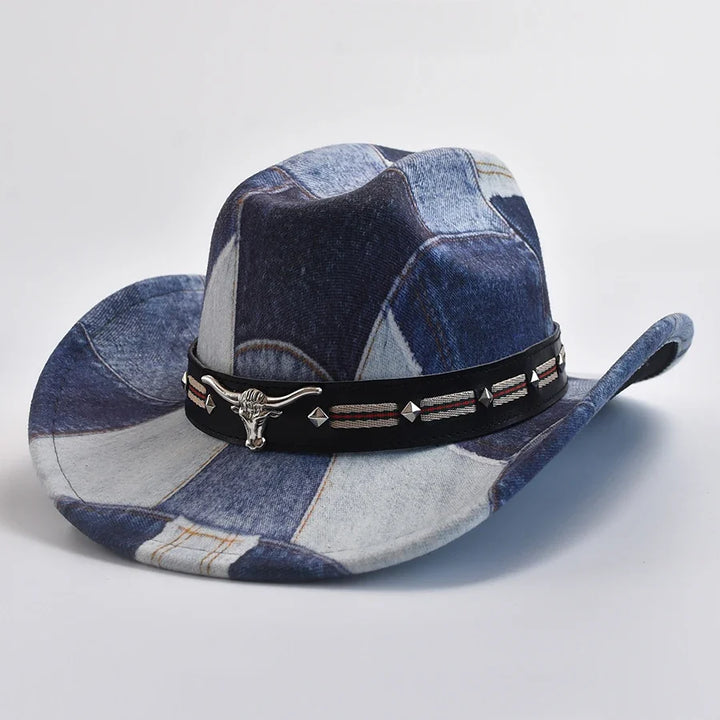 Unisex patchwork cowboy hat with rugged western style and prominent bull emblem.