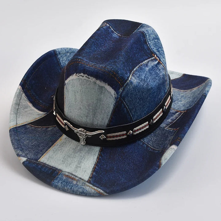 Detailed patchwork cowboy hat featuring a striking bull emblem, perfect for western fashion.