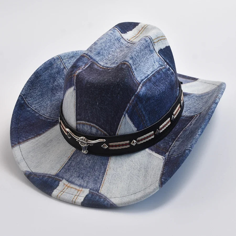 Rustic patchwork cowboy hat with a bold bull emblem, embodying rugged western style and fashion.