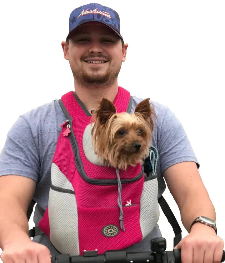 Pet carrier backpack on a person hiking, safely transporting a dog for outdoor travel adventures. Hands-free dog carrier.
