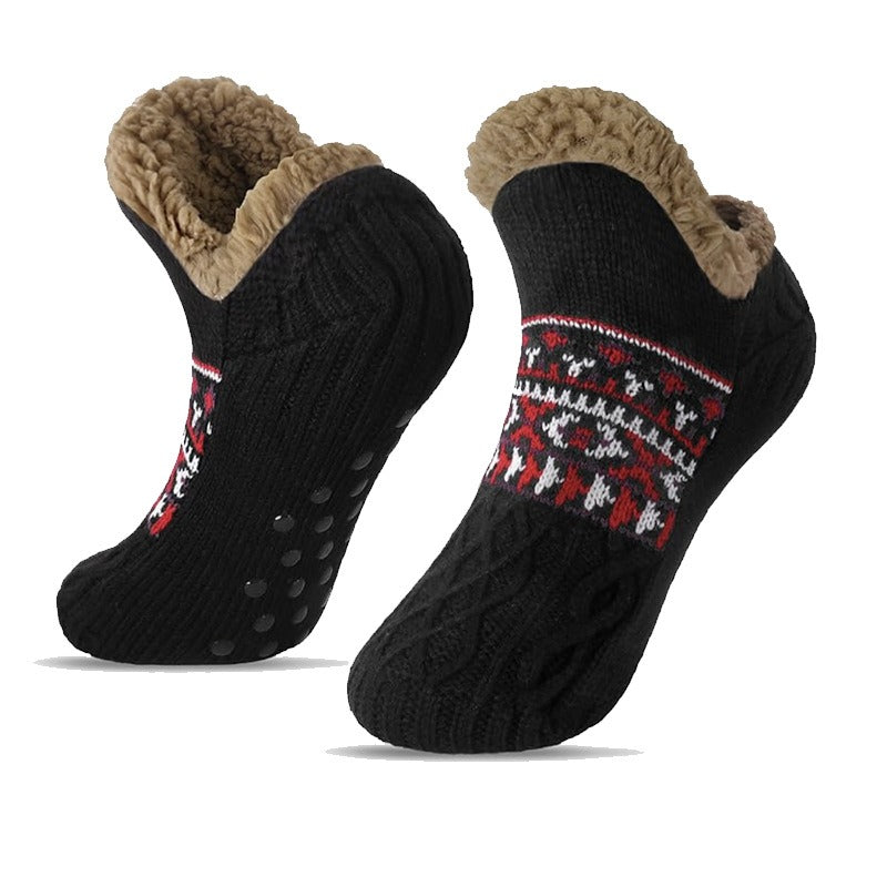 Plush cozy house socks with non-slip grip, ensuring safety and warmth on cold floors.