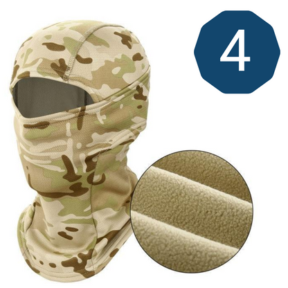 Breathable polar fleece balaclava in blue, offering full face cover for skiing and snowboarding.