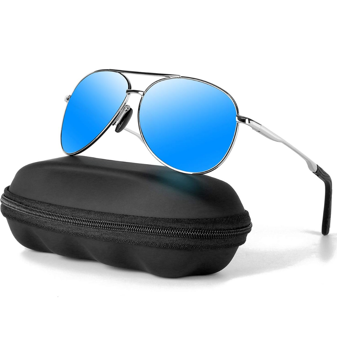 Stylish unisex aviator sunglasses with polarized lenses, perfect for men & women.
